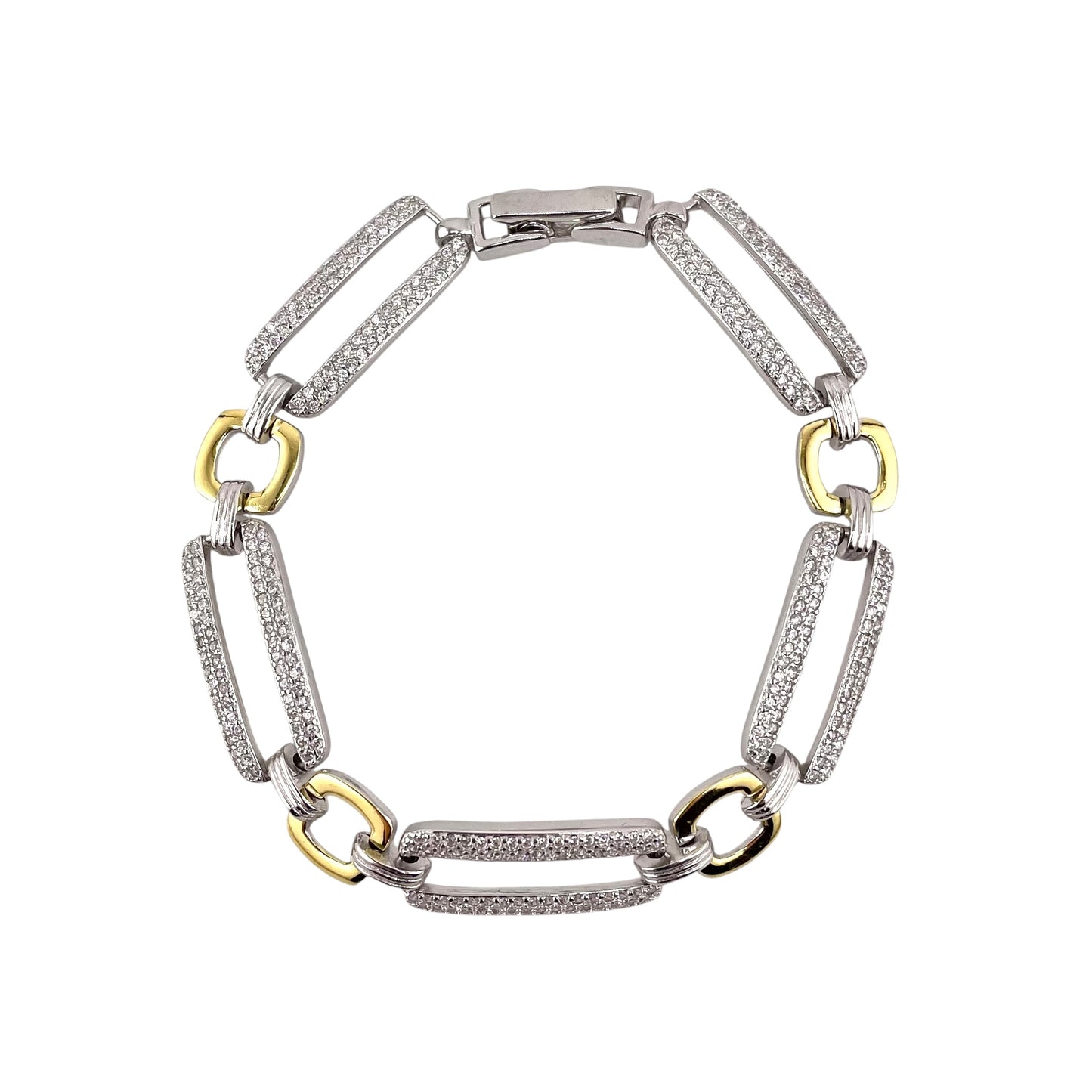 CZ Two Tone Link Bracelet Sterling Silver