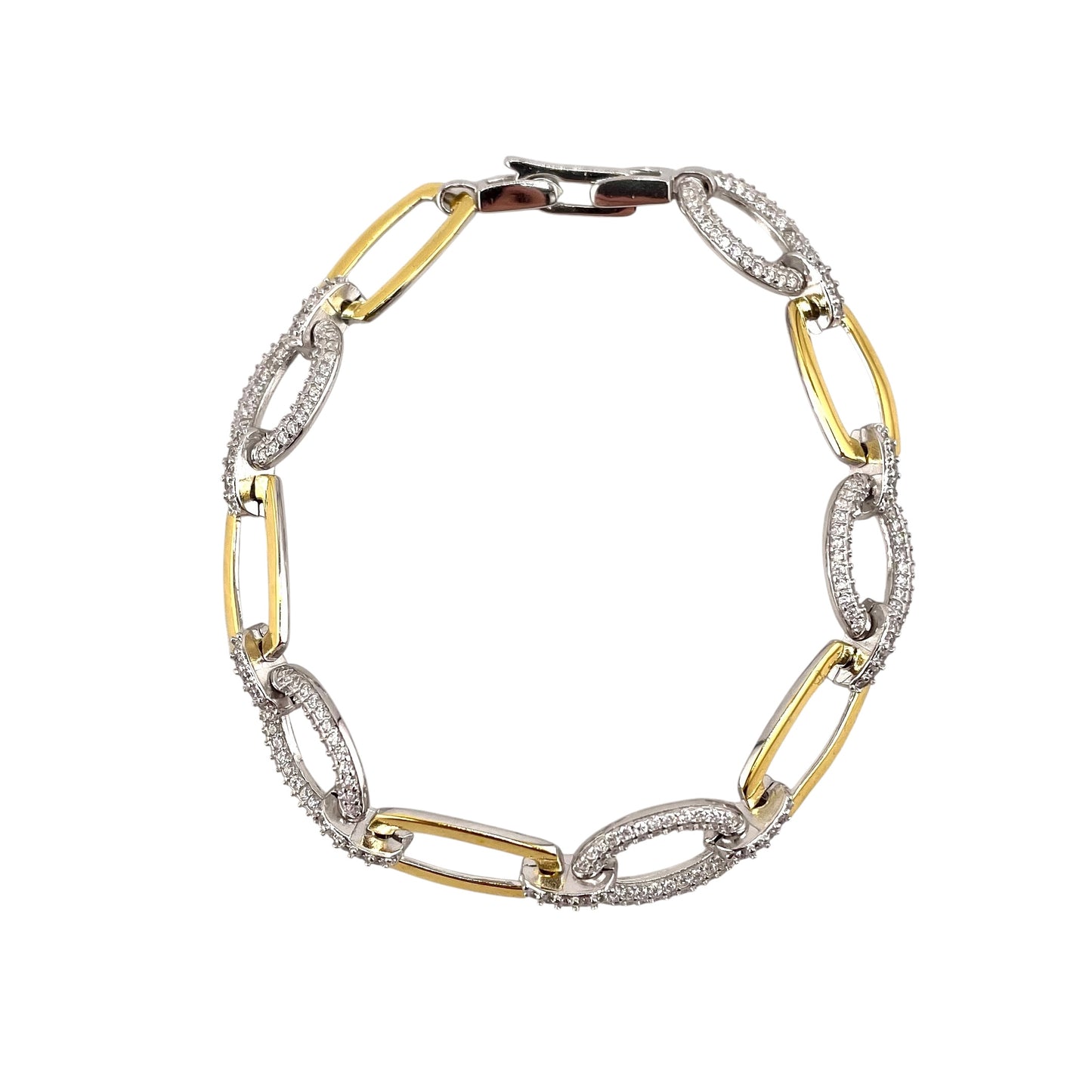 CZ Two Tone Link Bracelet Sterling Silver
