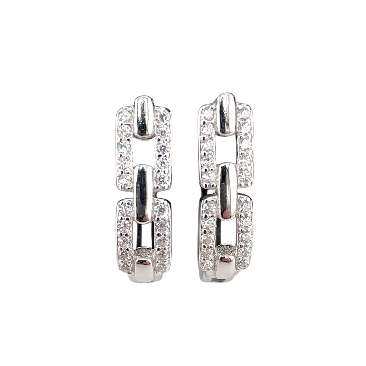 CZ Stud Interlink Earrings Sterling Silver