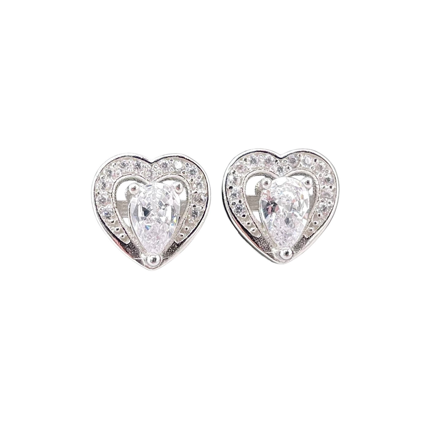 CZ Heart Pear Stud Earrings Sterling Silver