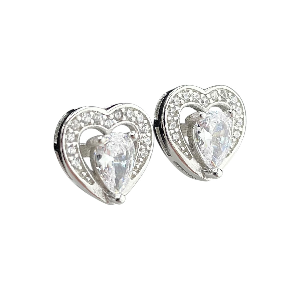 CZ Heart Pear Stud Earrings Sterling Silver