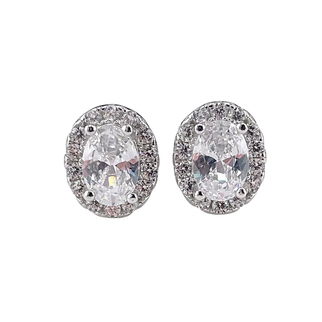 CZ Round Oval Stud Earrings Sterling Silver