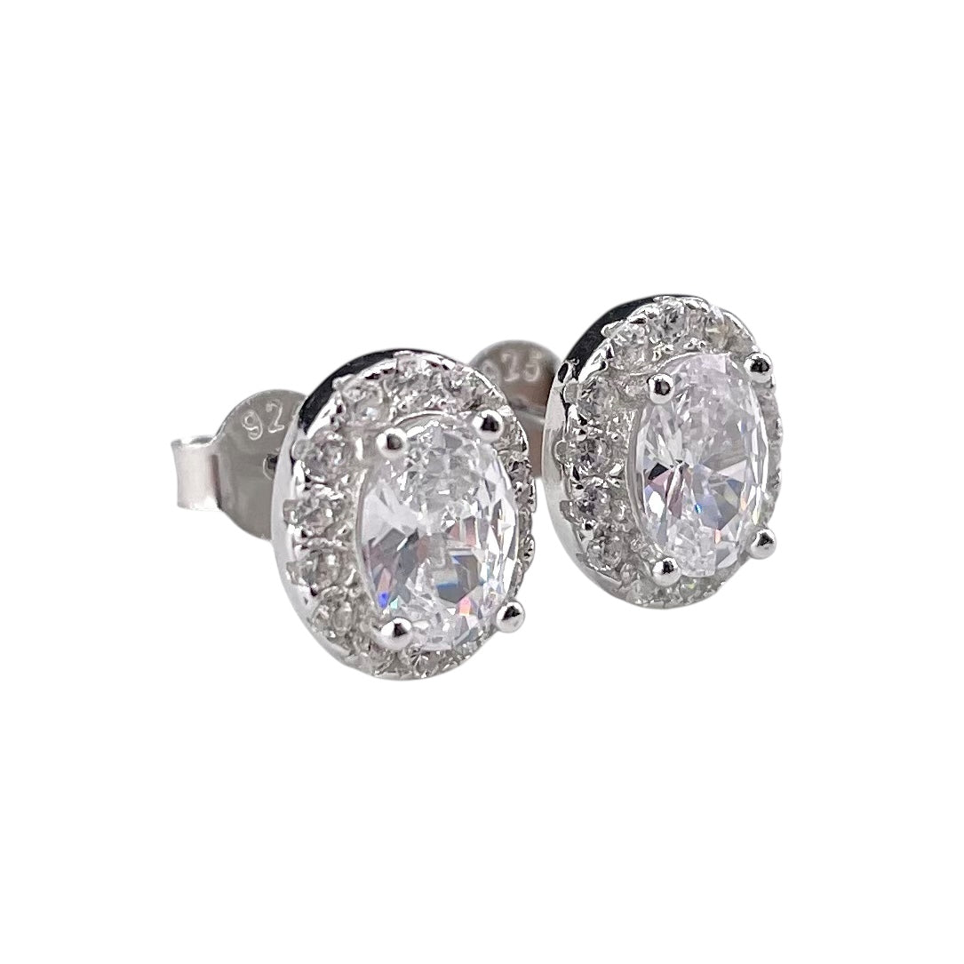 CZ Round Oval Stud Earrings Sterling Silver