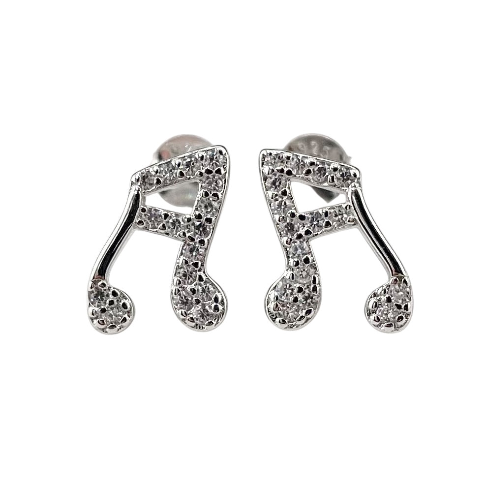 CZ Music Note Stud Earrings Sterling Silver