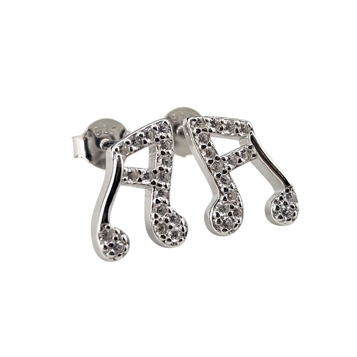 CZ Music Note Stud Earrings Sterling Silver
