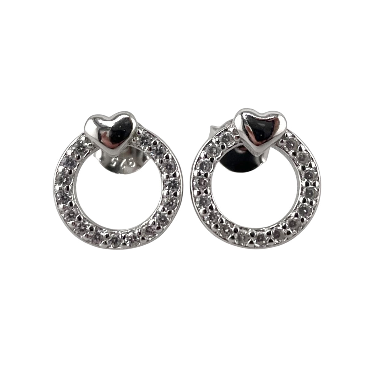 CZ Circle Heart Stud Earrings Sterling Silver