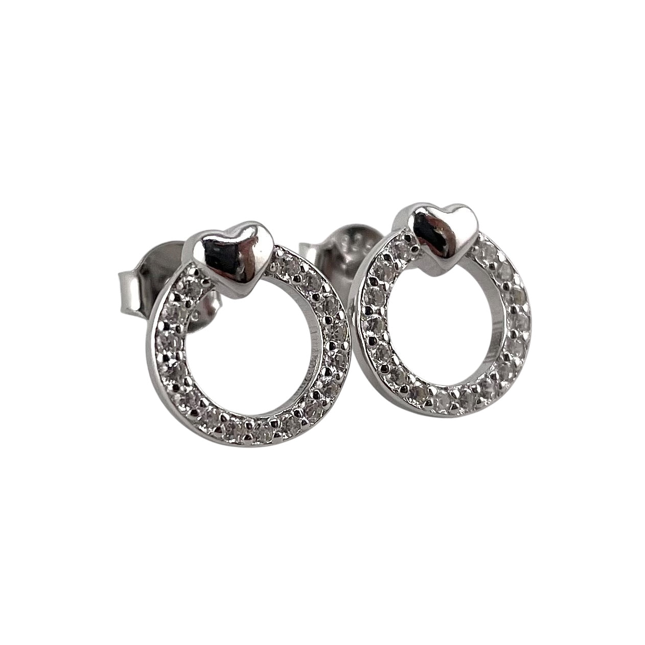 CZ Circle Heart Stud Earrings Sterling Silver