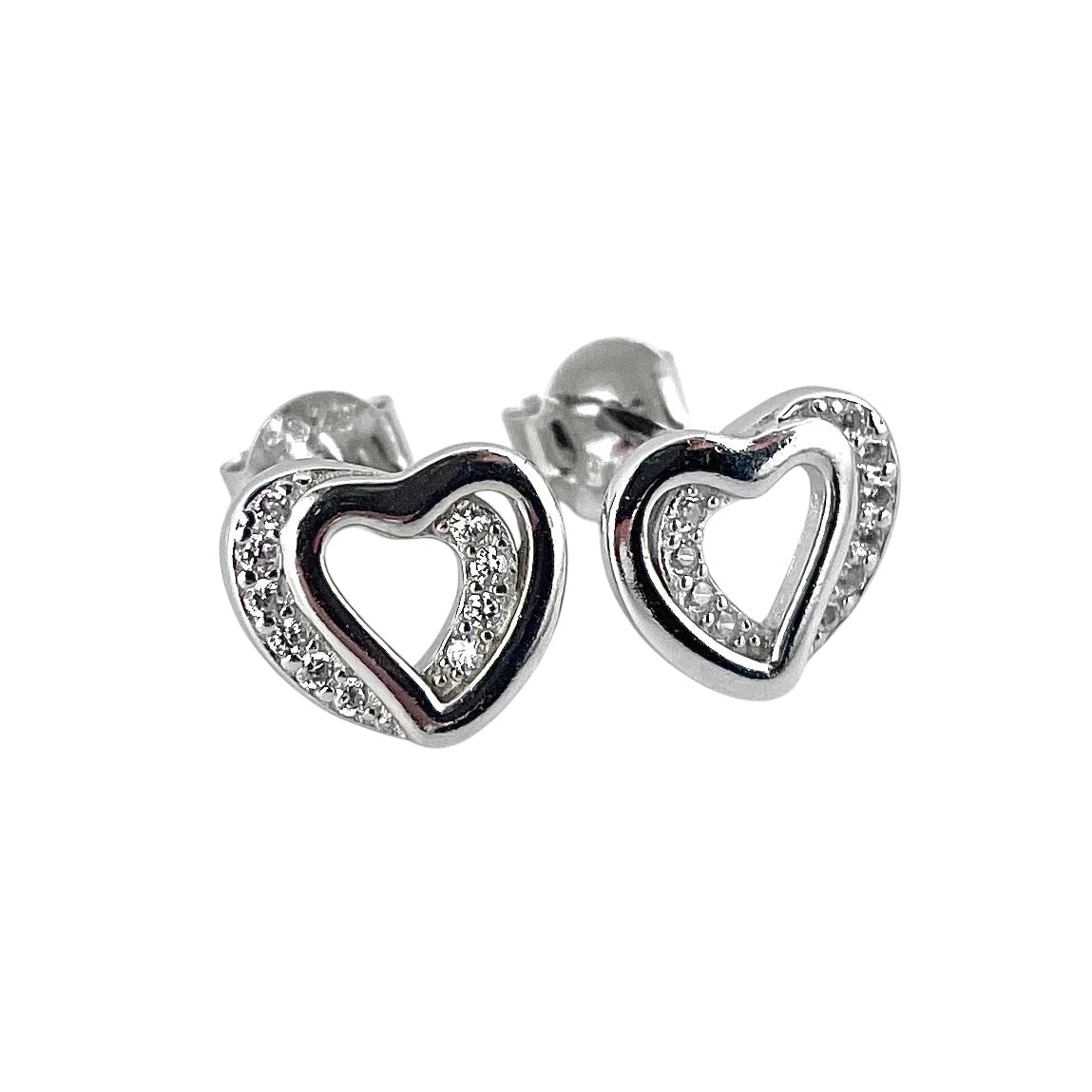 CZ Double Heart Post Earrings Sterling Silver
