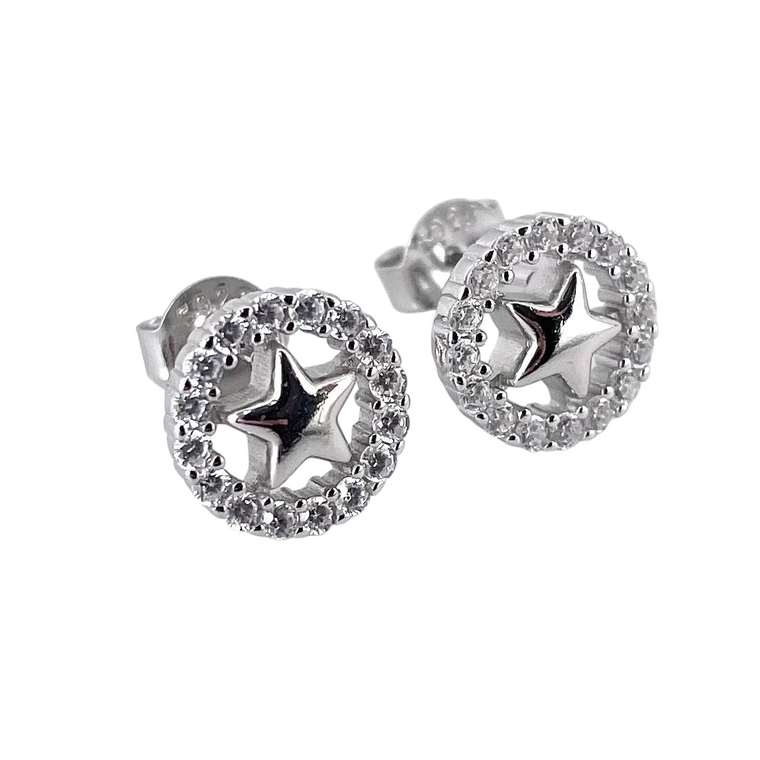 CZ Circle Star Post Earrings Sterling Silver