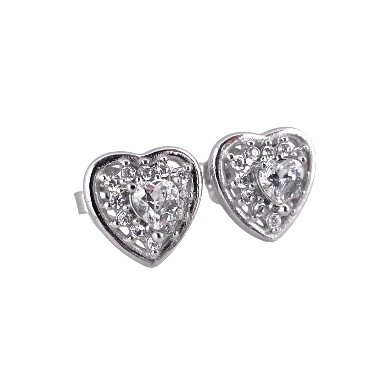 CZ Heart Post Earrings Sterling Silver