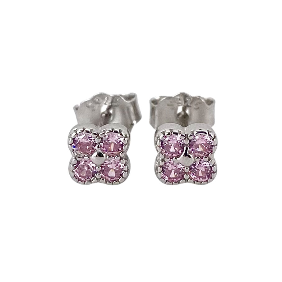 CZ Round Clover Post Earrings Sterling Silver