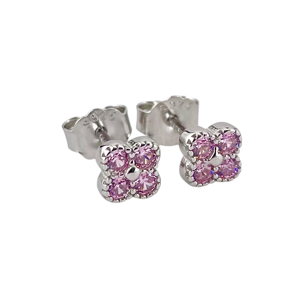 CZ Round Clover Post Earrings Sterling Silver