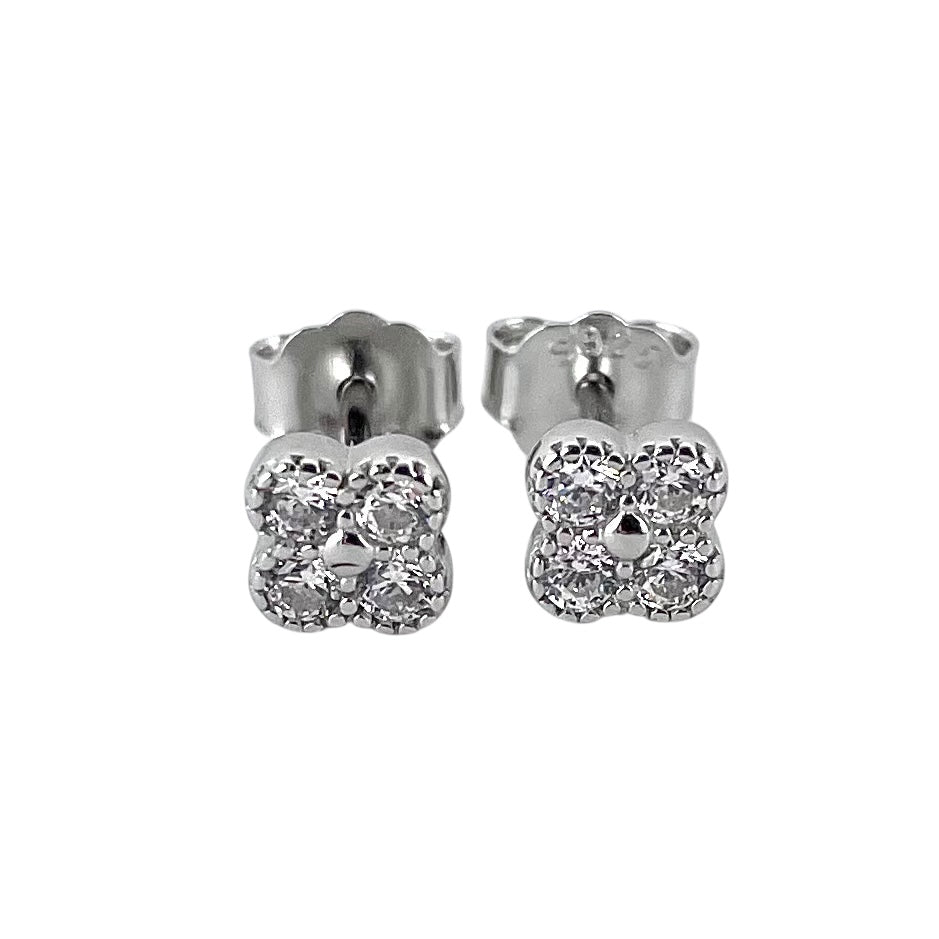 CZ Round Clover Post Earrings Sterling Silver