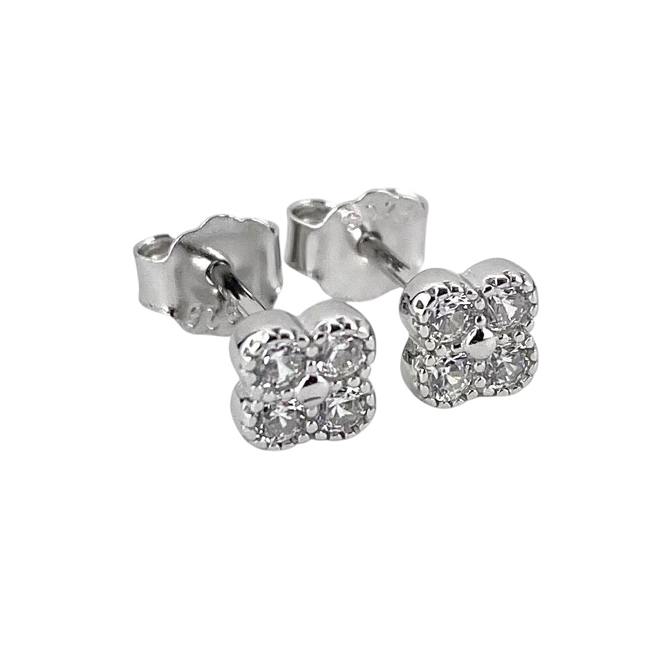 CZ Round Clover Post Earrings Sterling Silver