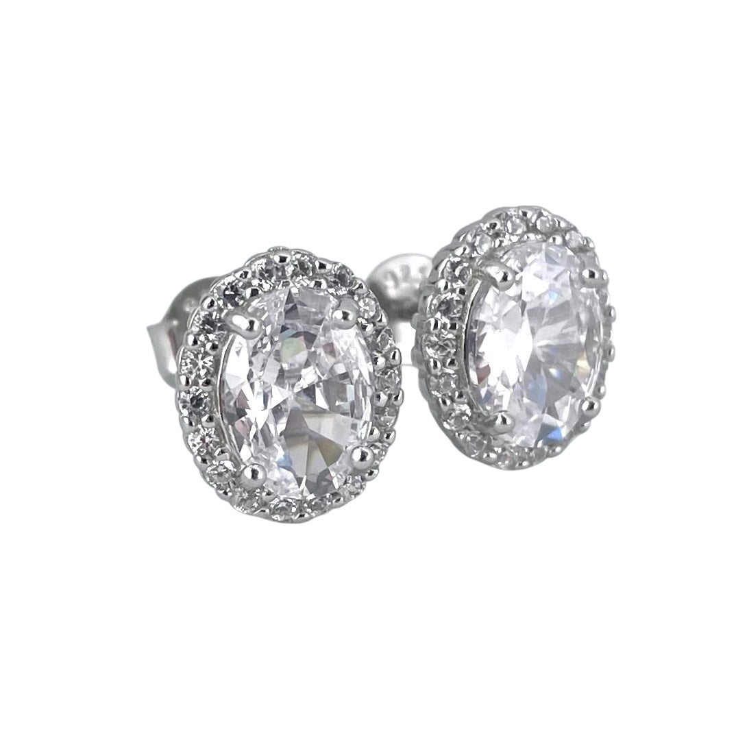 CZ Oval Post Earrings Sterling Silver