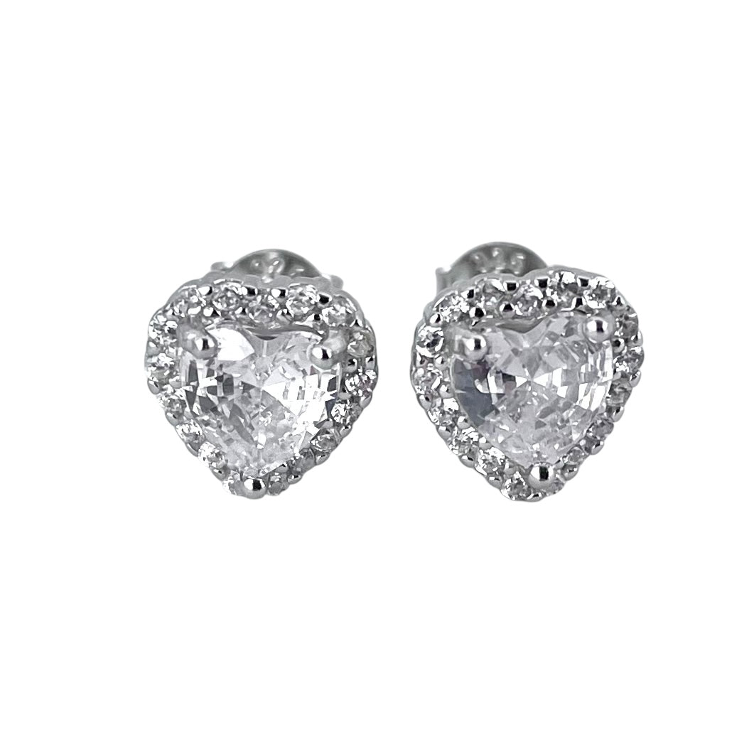 CZ Heart Post Earrings Sterling Silver
