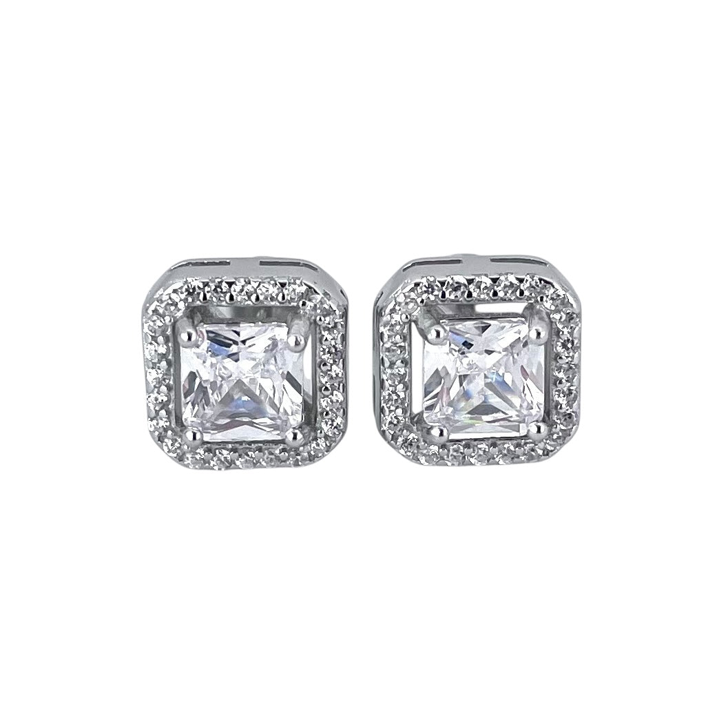 CZ Square Post Earrings Sterling Silver