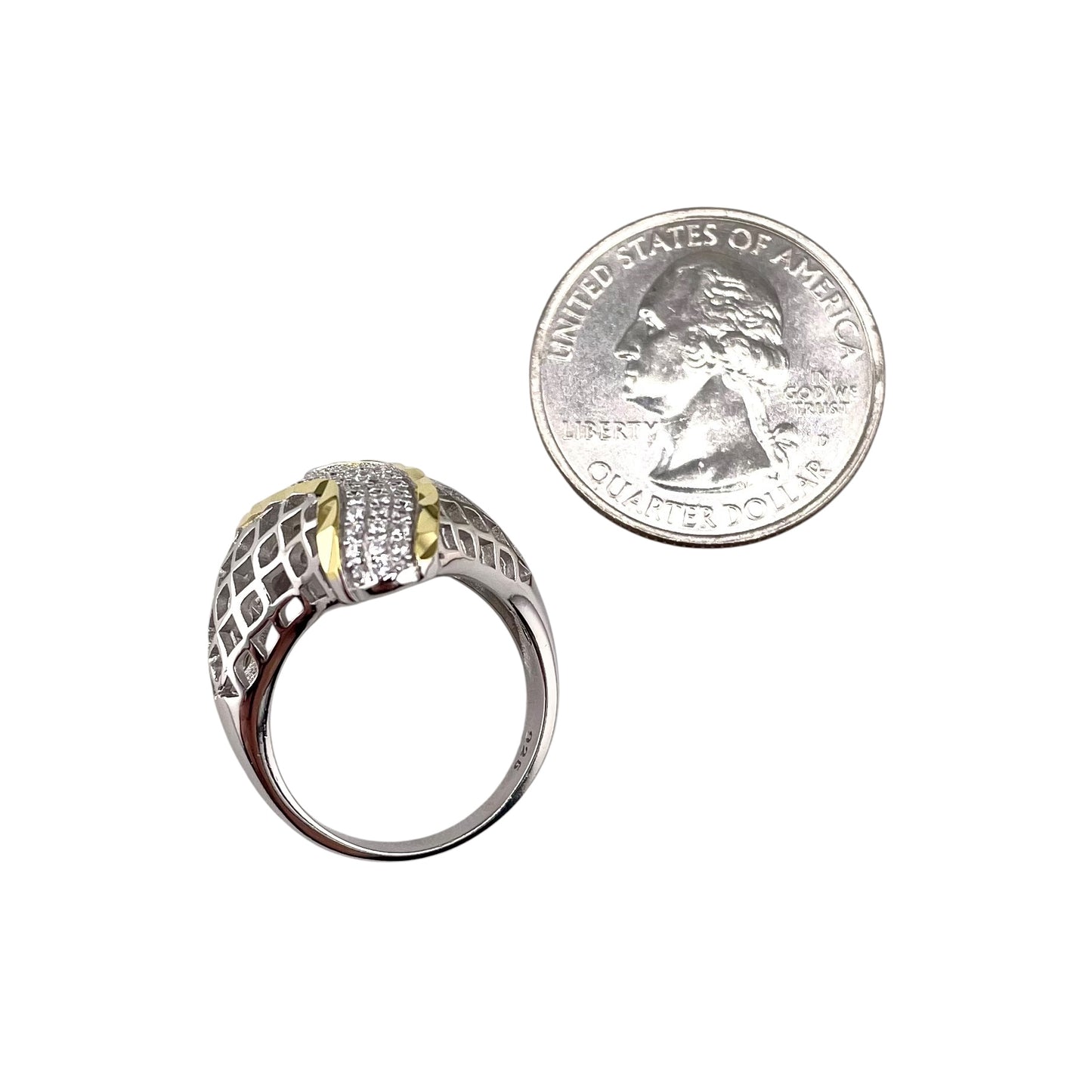 Two Tone CZ Curve Row Ring Sterling Silver & Gold Plate