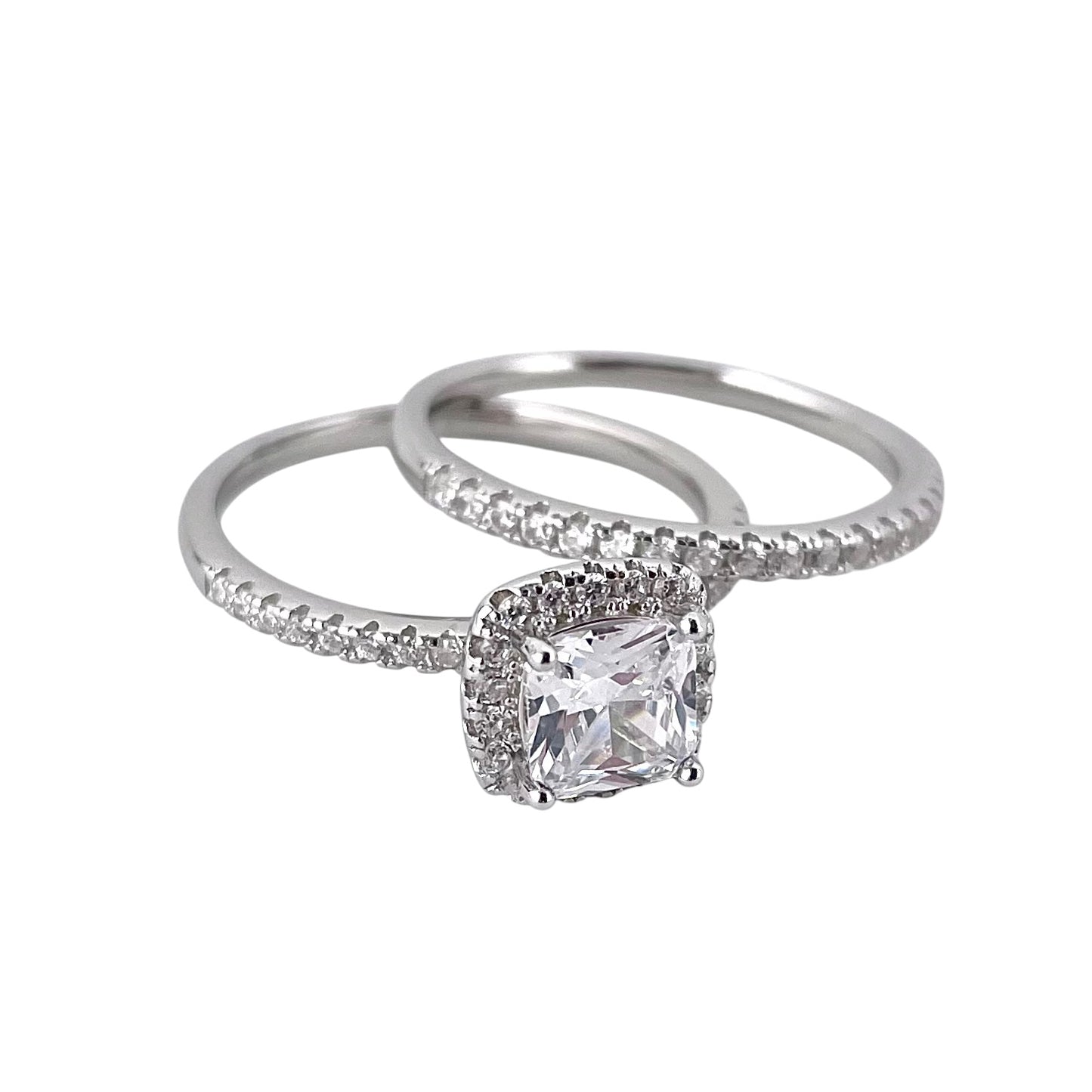 CZ Stone Princess Cut Bridal Set Band Ring Sterling Silver