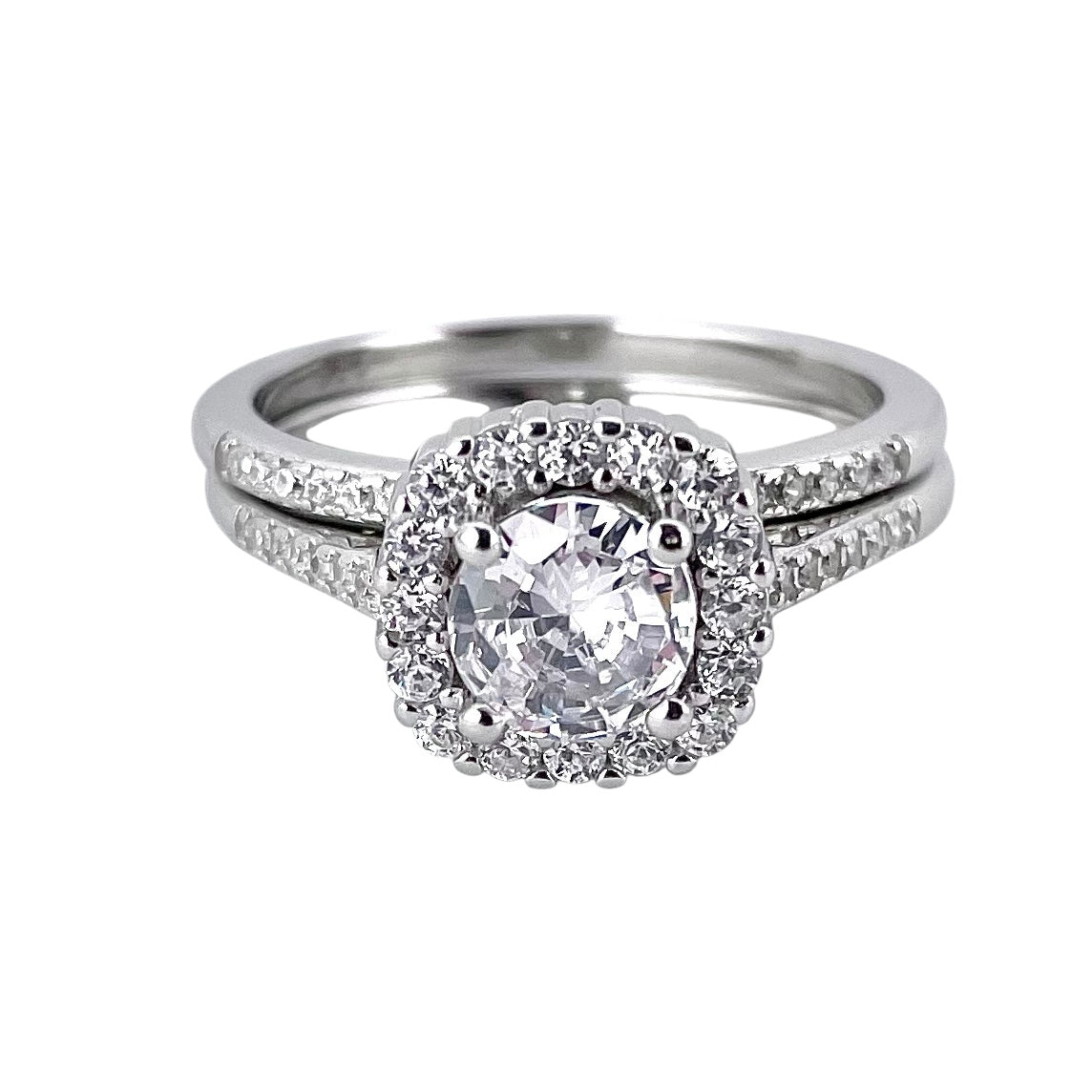 CZ Stone Round Bridal Set Band Ring Sterling Silver