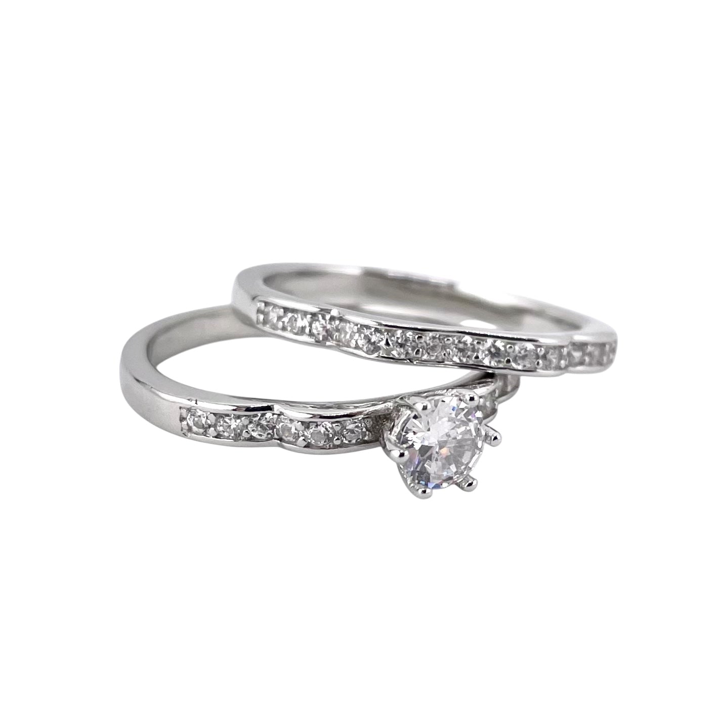 CZ Stone Round Bridal Set Band Ring Sterling Silver