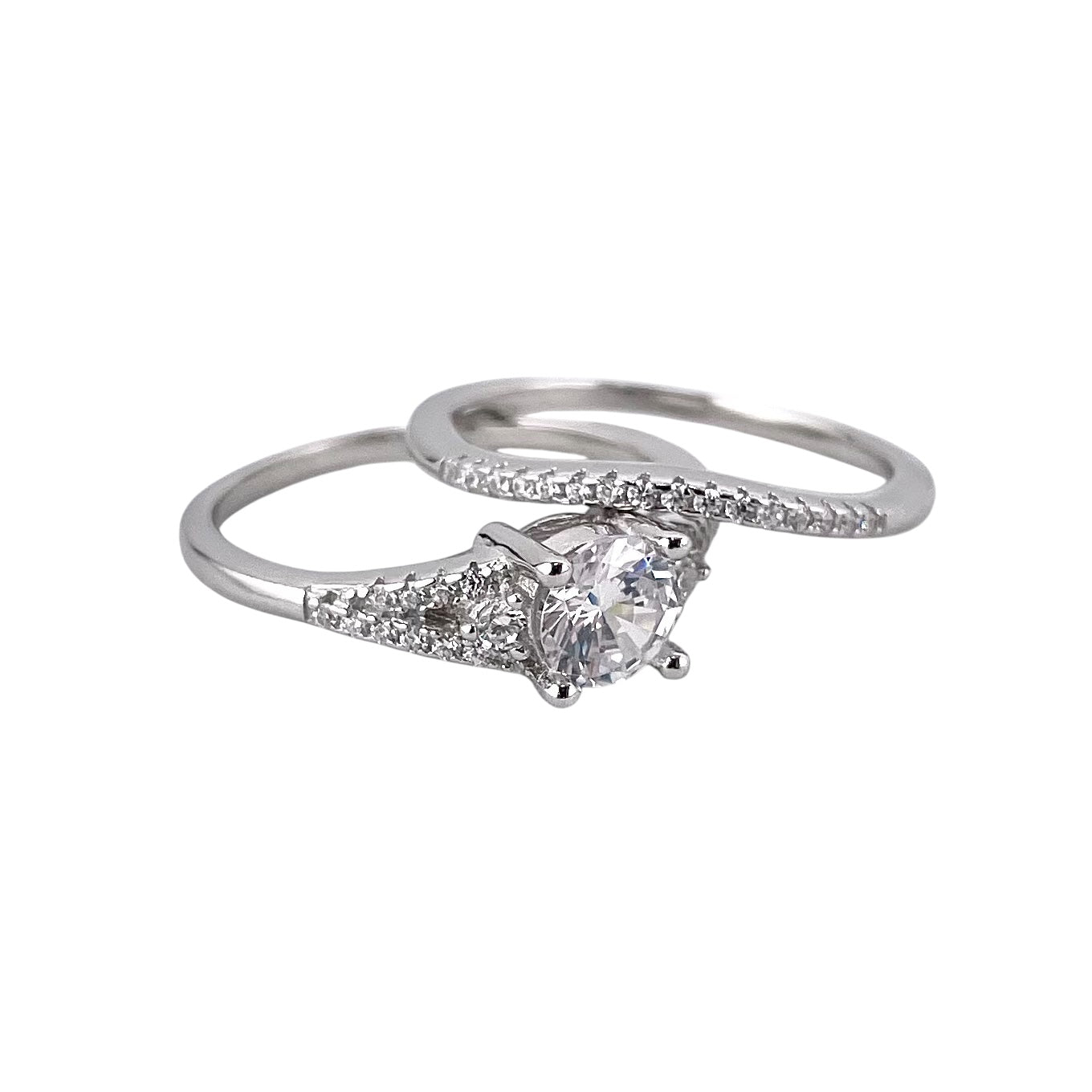 CZ Stone Round Bridal Set Band Ring Sterling Silver