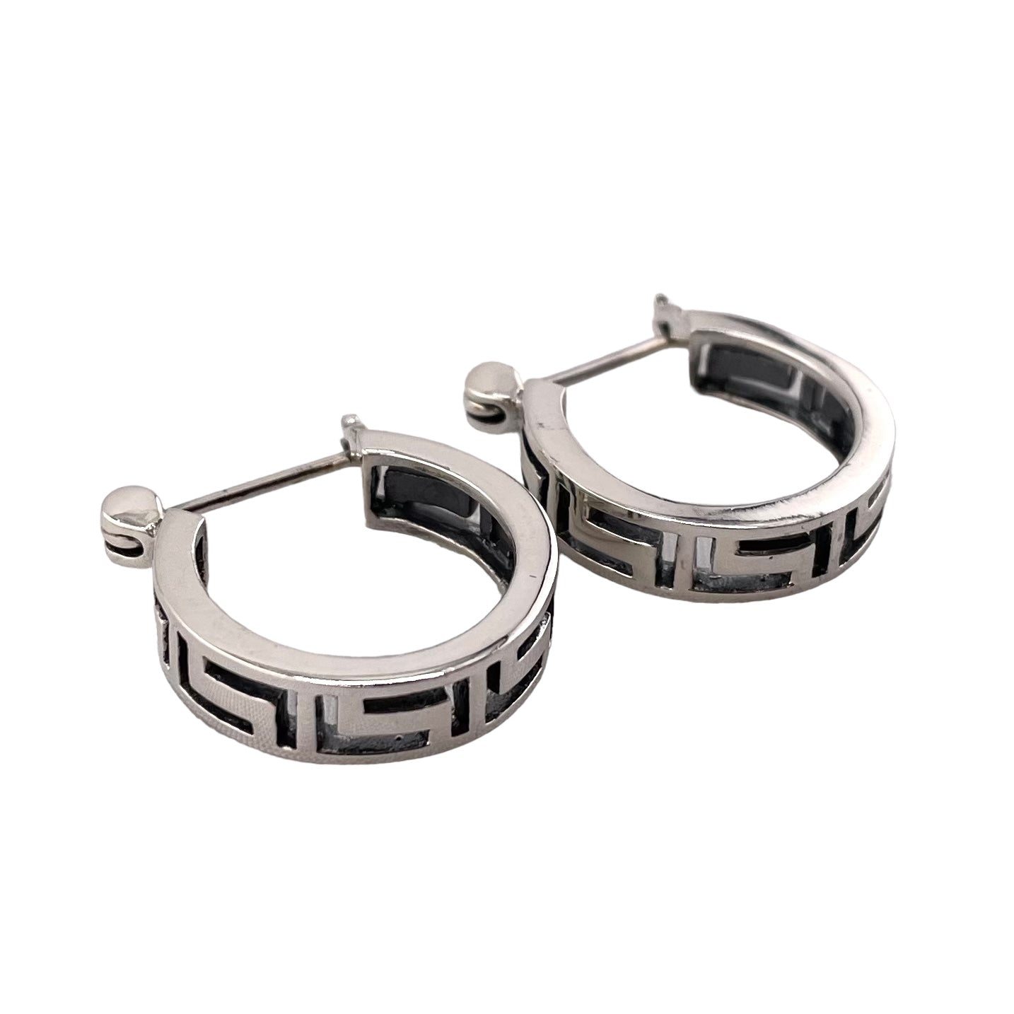 Greek Key Hinged Hoop Earrings Sterling Silver