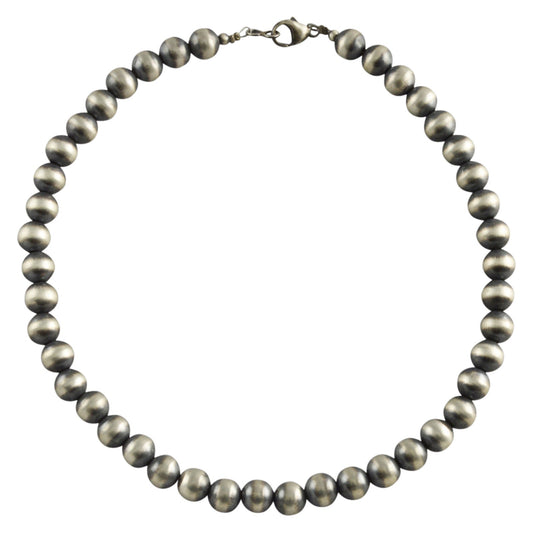 Sterling Silver Navajo Pearl 14mm Oxidize Round Bead Necklace. Available from 16" to 60"