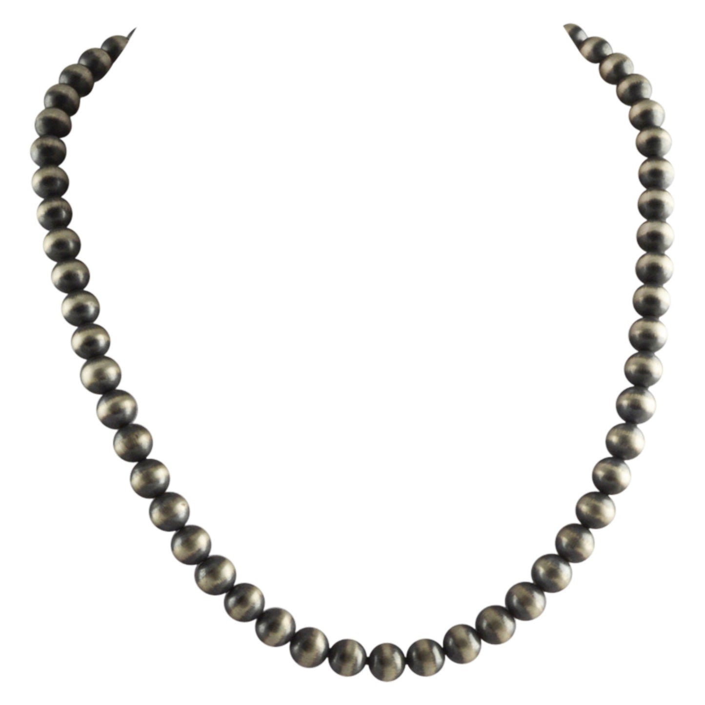 Sterling Silver Navajo Pearl 10mm Oxidize Round Bead Necklace. Available from 16" to 60"