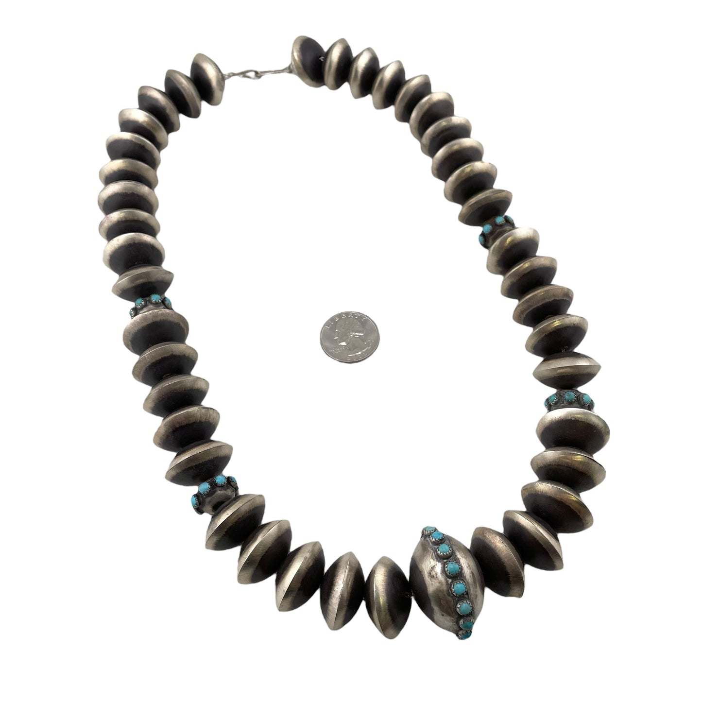 Monica Smith Turquoise & Navajo Pearl Saucer Bead Necklace Sterling Silver