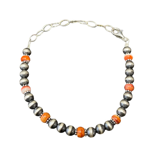 Orange Spiny Oyster Desert Pearl Bead Bracelet Sterling Silver