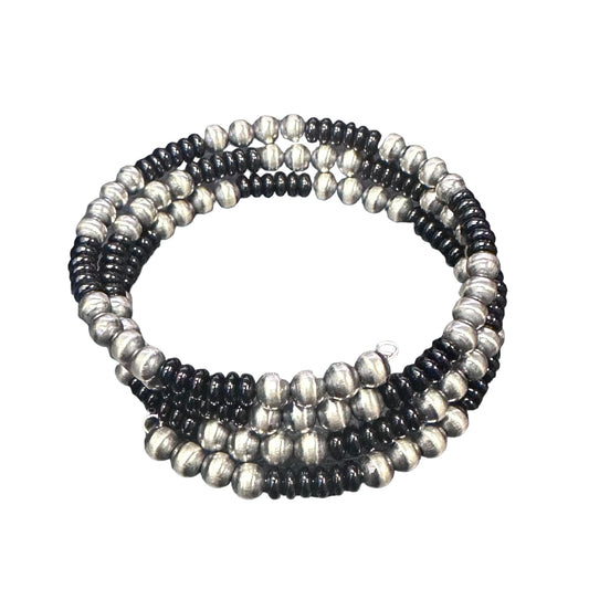 Onyx Navajo Pearl Oxidized Bead Wrap Bracelet Sterling Silver