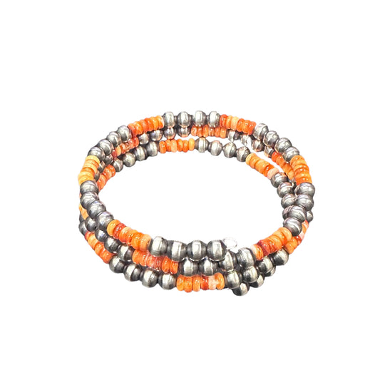 Orange Spiny Oyster Navajo Pearl Oxidized Bead Wrap Bracelet Sterling Silver