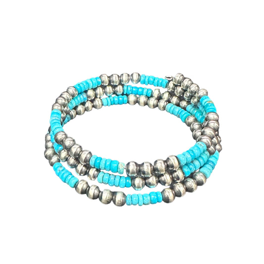 Blue Turquoise Navajo Pearl Oxidized Bead Wrap Bracelet Sterling Silver