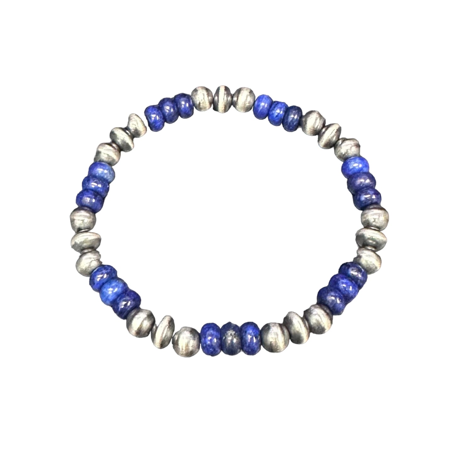 Lapis Desert Pearls Oxidized Bead Stretch Bracelet Sterling Silver