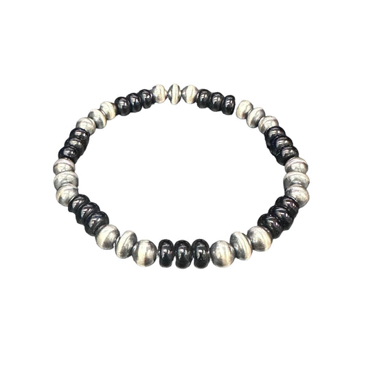 Onyx Navajo Pearl Oxidized Bead Stretch Bracelet Sterling Silver