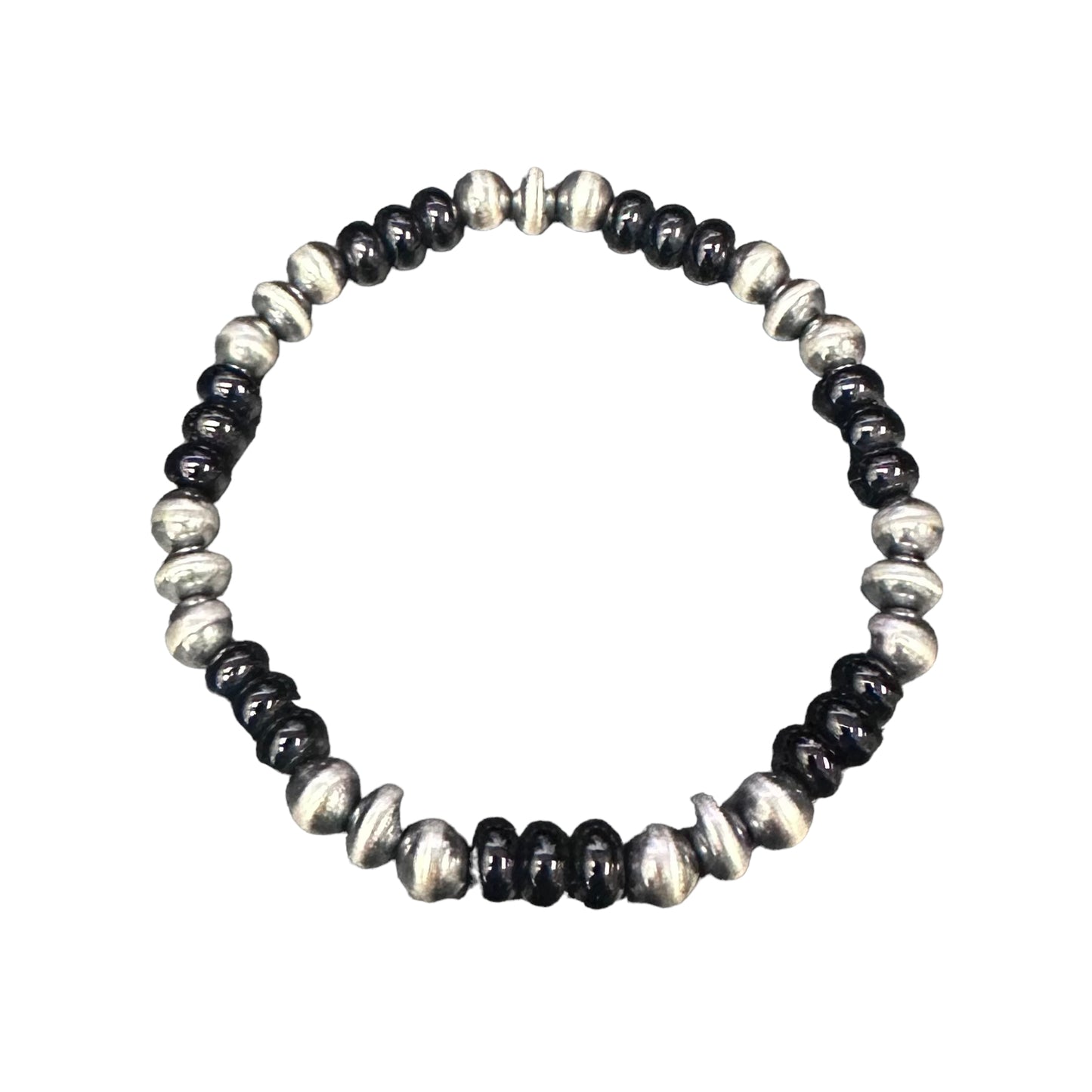 Onyx Navajo Pearl Oxidized Bead Stretch Bracelet Sterling Silver