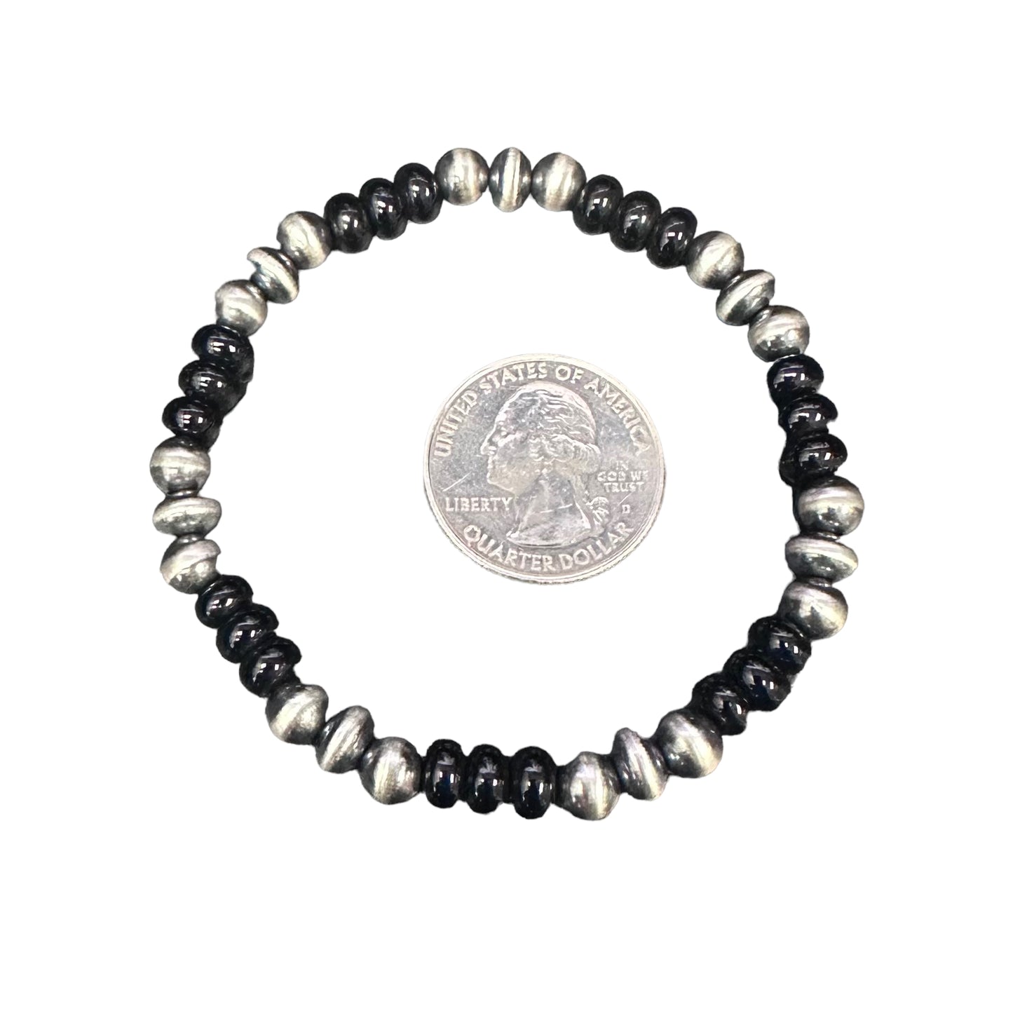 Onyx Navajo Pearl Oxidized Bead Stretch Bracelet Sterling Silver