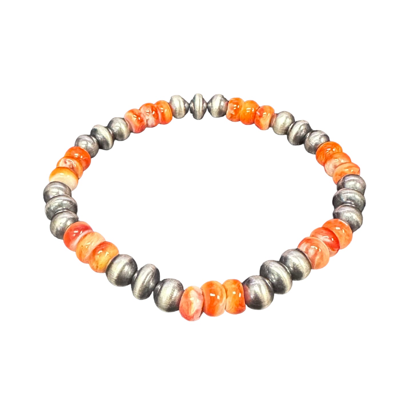 Orange Spiny Oyster Desert Pearls Oxidized Bead Stretch Bracelet Sterling Silver