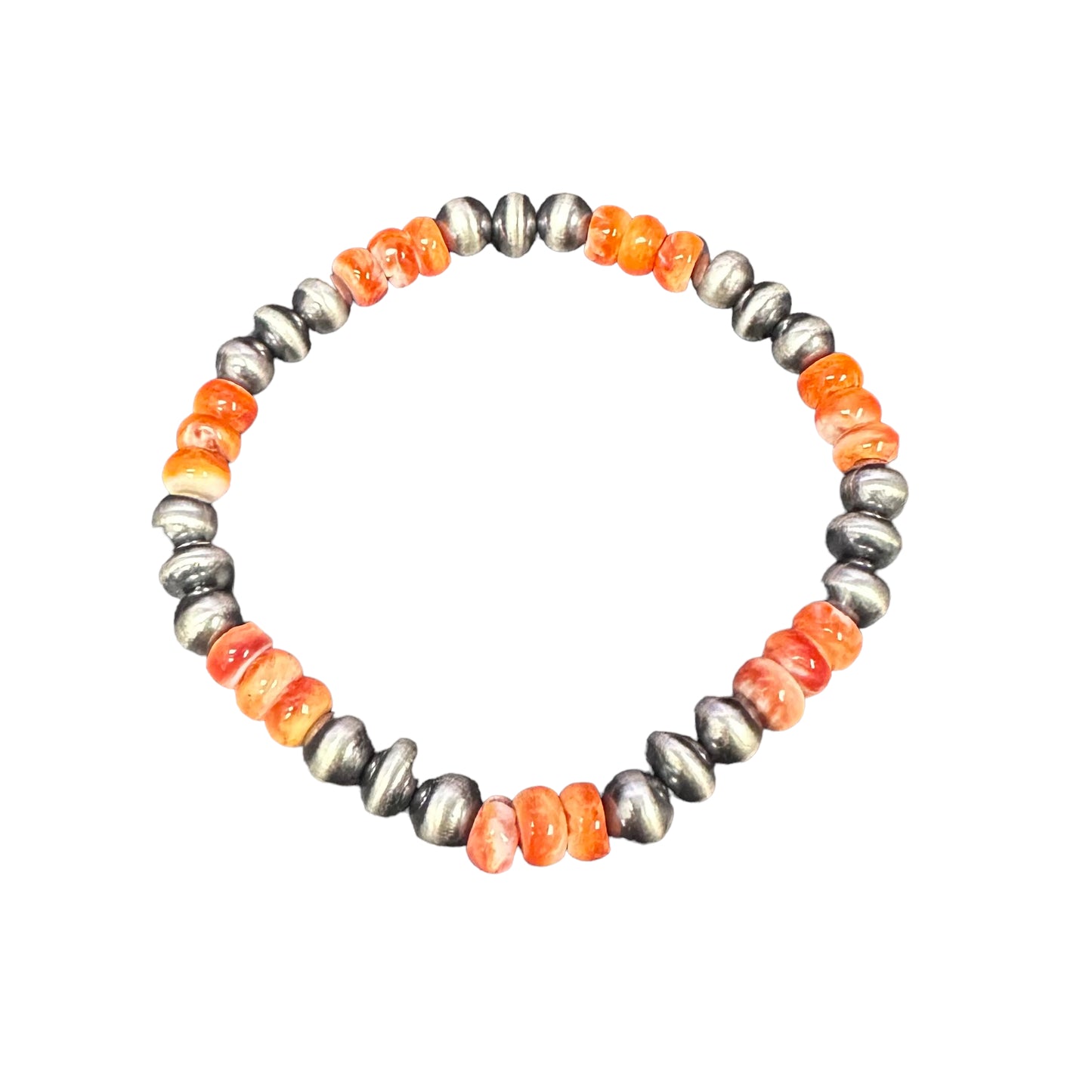 Orange Spiny Oyster Desert Pearls Oxidized Bead Stretch Bracelet Sterling Silver