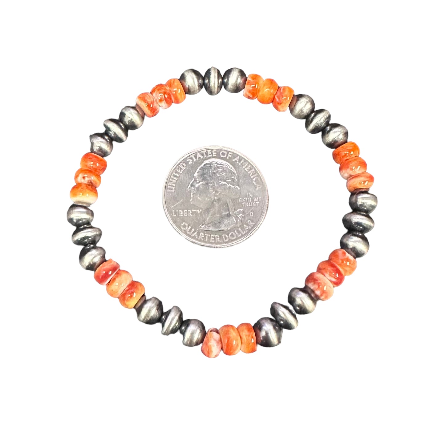 Orange Spiny Oyster Desert Pearls Oxidized Bead Stretch Bracelet Sterling Silver