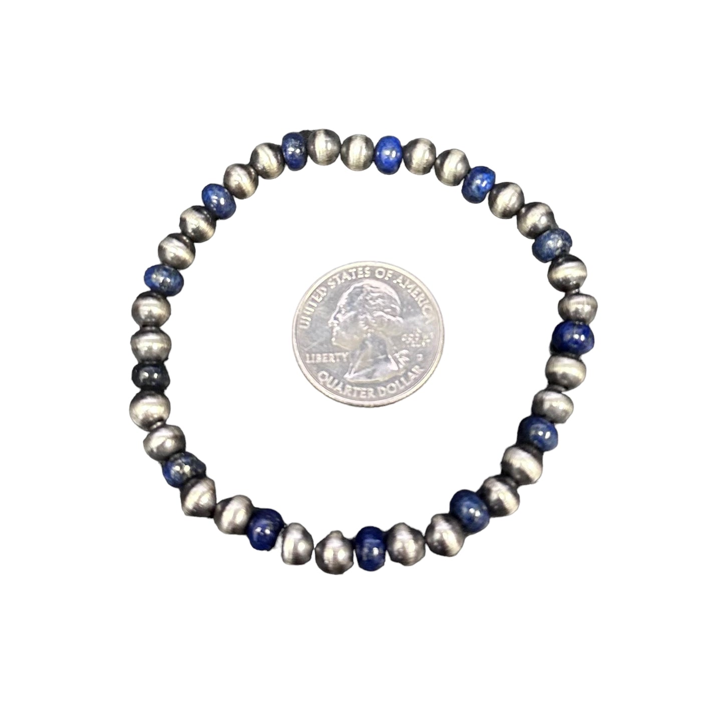Lapis Desert Pearls Oxidized Bead 6mm Stretch Bracelet Sterling Silver