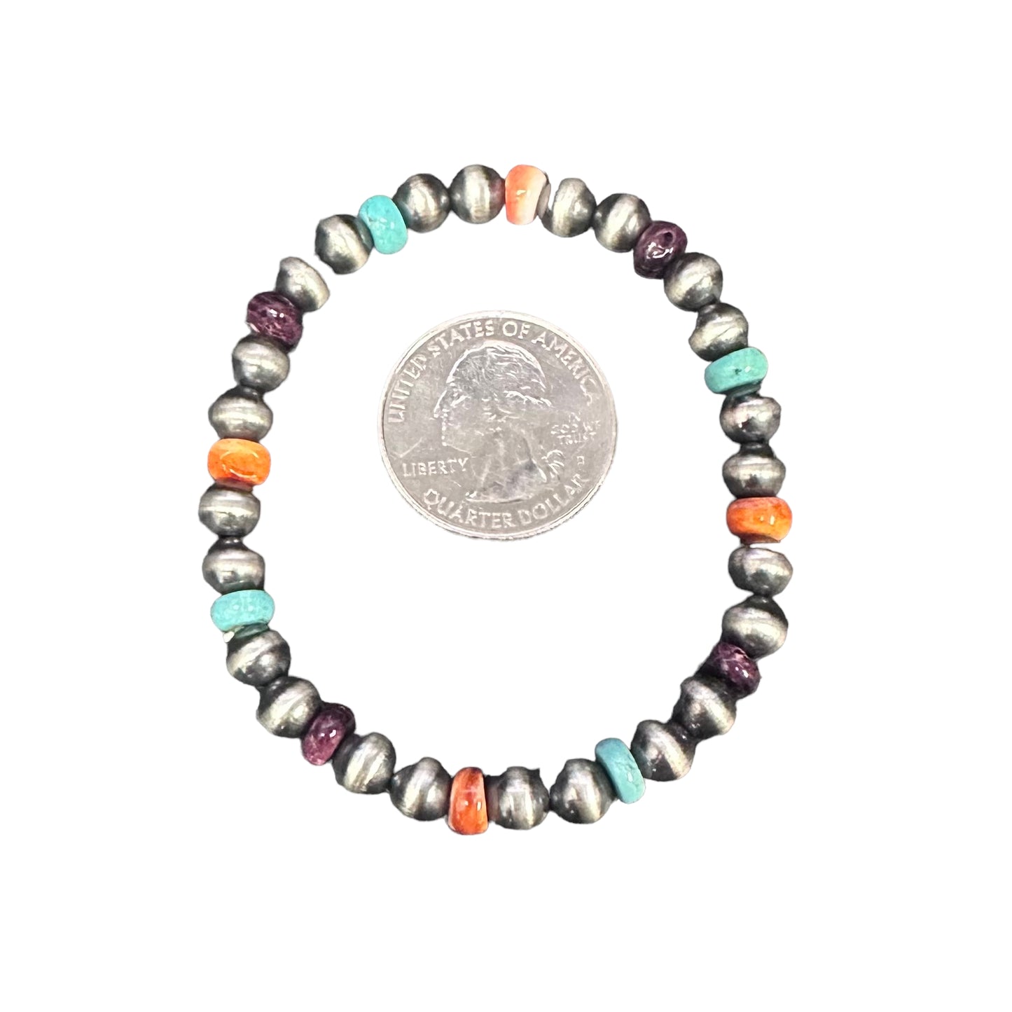 Turquoise & Spiny Oyster Desert Pearls 6mm Oxidize Bead Stretch Bracelet Sterling Silver