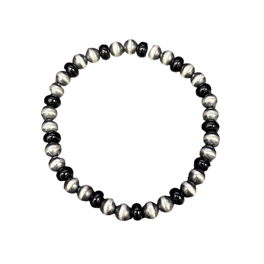 Onyx Navajo Pearl 6mm Oxidize Bead Stretch Bracelet Sterling Silver