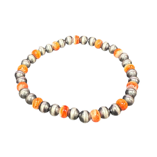 Orange Spiny Oyster Navajo Pearl 6mm Oxidize Bead Stretch Bracelet Sterling Silver