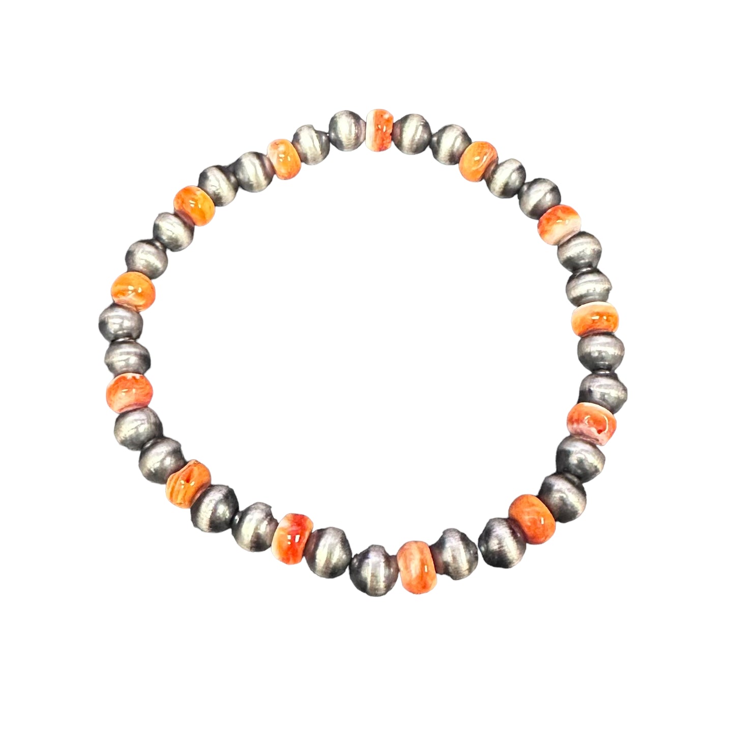Orange Spiny Oyster Desert Pearls Oxidized Bead 6mm Stretch Bracelet Sterling Silver