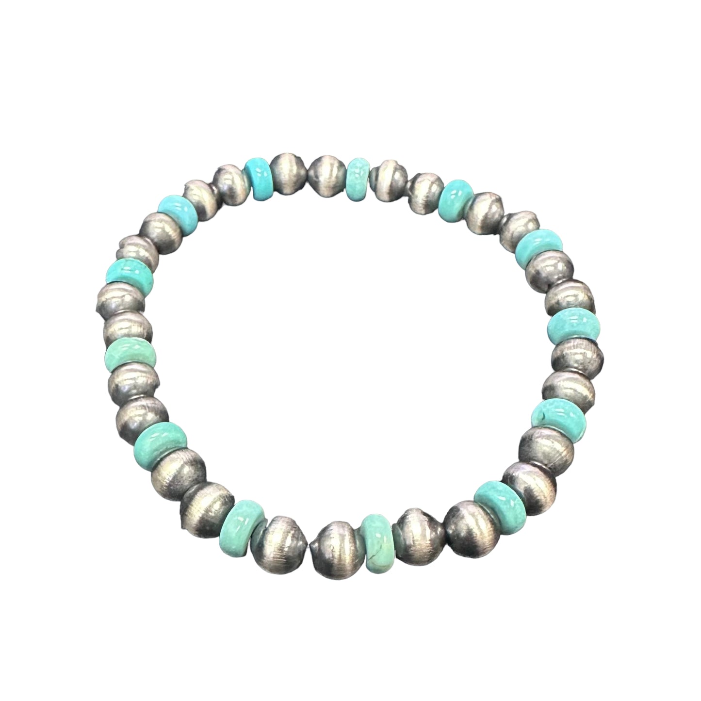 Turquoise Navajo Pearl 6mm Oxidize Bead Stretch Bracelet Sterling Silver
