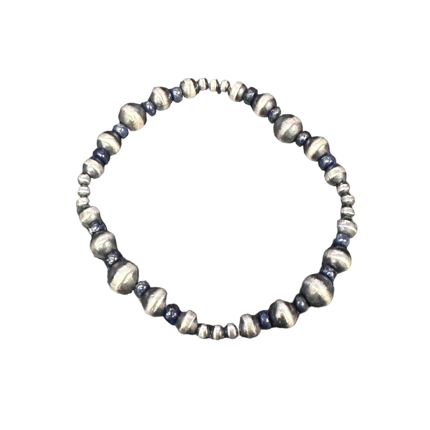 Lapis Desert Pearls Oxidized Bead Stretch Bracelet Sterling Silver