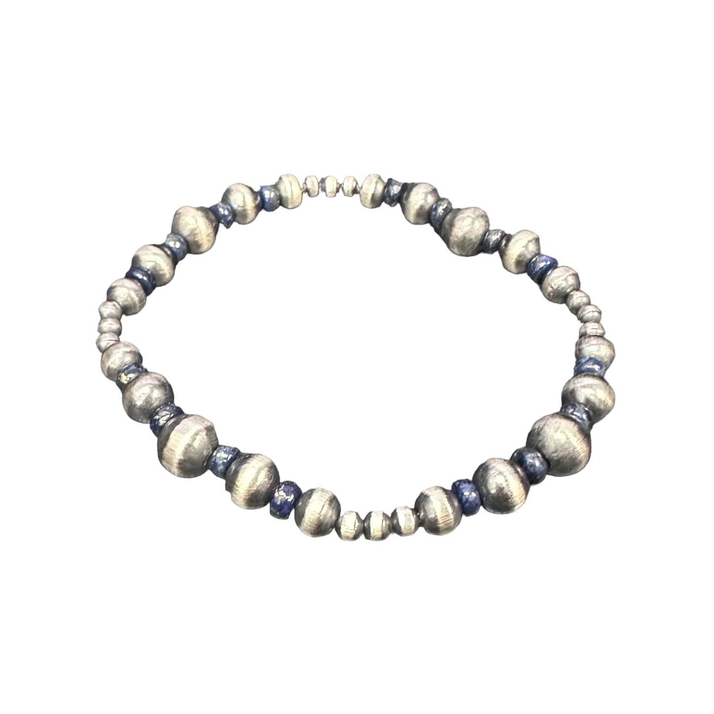 Lapis Desert Pearls Oxidized Bead Stretch Bracelet Sterling Silver