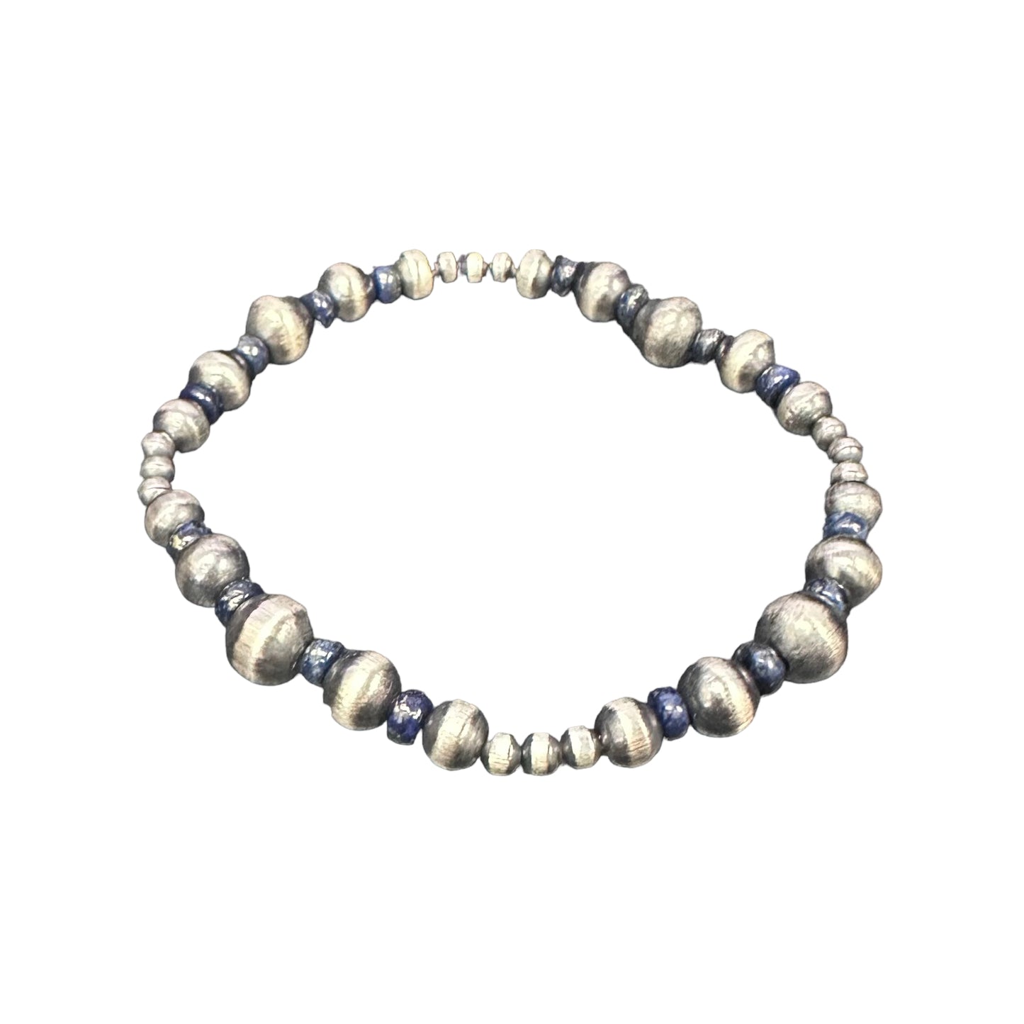 Lapis Navajo Pearl Oxidized Bead Stretch Bracelet Sterling Silver